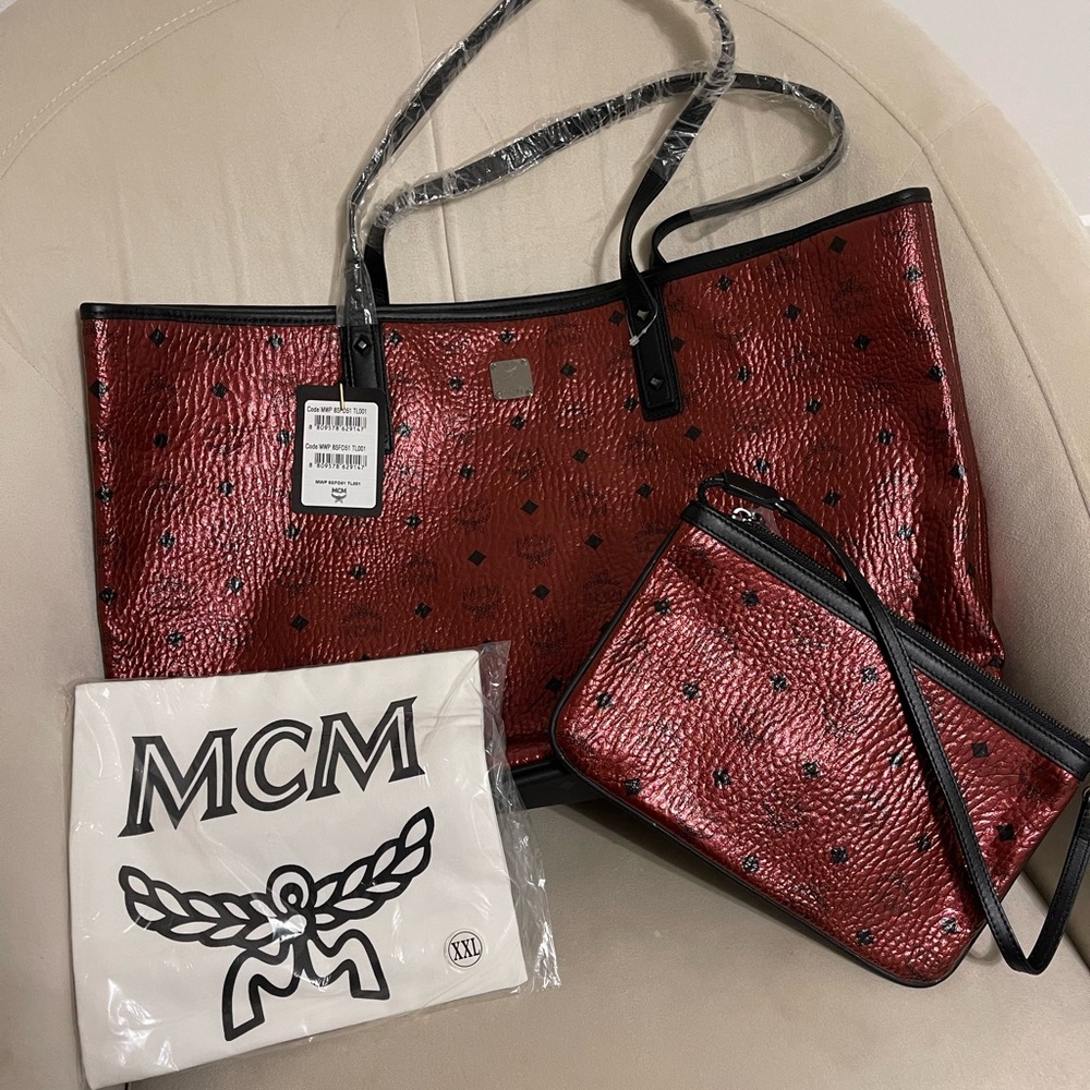MCM Anya Red Metallic Monogram Tote Bag​​​ NWT